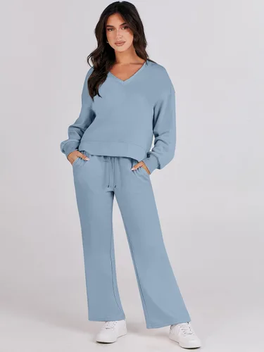 Vista 2 de ANRABESS Conjunto de dos piezas para mujer, conjunto de manga larga con cuello en V y pantalones de pierna ancha