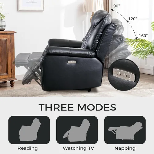 Vista 3 de HAOMARKETS Silla reclinable eléctrica, sillón reclinable eléctrico de piel sintética suave con respaldo acolchado, sofá reclinable de alta Negro