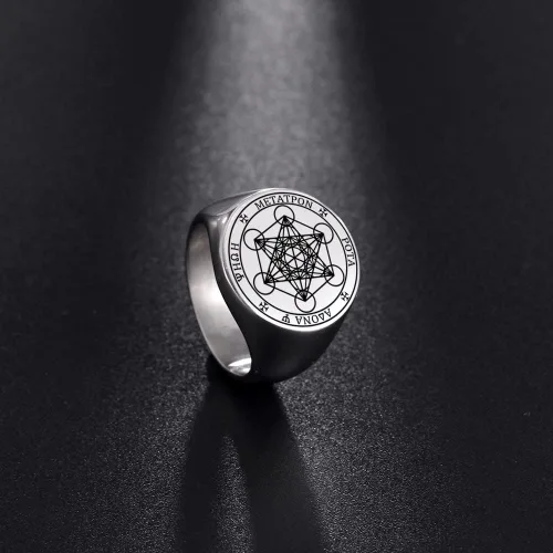 Vista 4 de Amaxer Metatron - Anillo de cubo para hombre, de acero inoxidable, vintage, con geometría sagrada, protección espiritual, anillo de amuleto