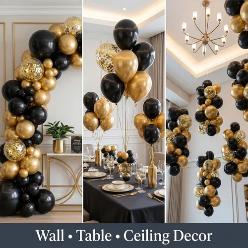 Vista 4 de Kit de arco de guirnalda de globos negros y dorados, 18, 12, 10, 5 pulgadas, globos de látex de confeti dorado metálico negro para decoraciones