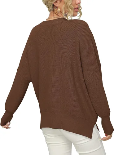 Vista 2 de LOGENE Suéter de punto acanalado de gran tamaño con cuello redondo y abertura lateral para mujer