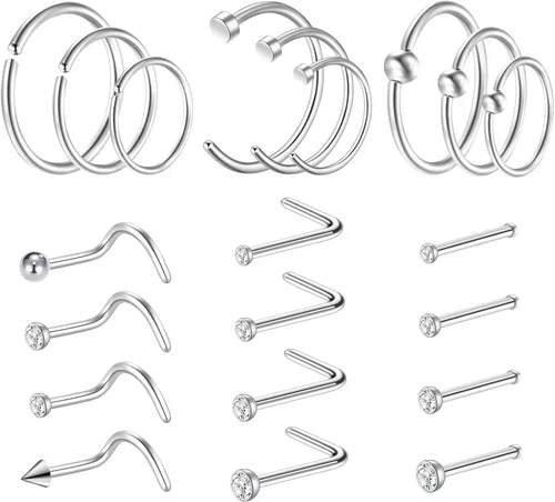 Vista 6 de 21 piezas de anillos de nariz de aro de acero quirúrgico para mujer, 20G, joyería de perforación de la nariz, plata, oro, negro, perforaciones