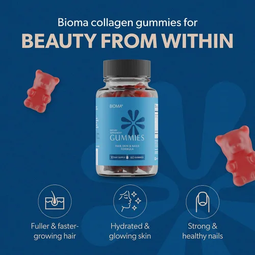 Vista 2 de BIOMA Gomitas de belleza para cabello, piel y uñas, apoya el crecimiento y la fuerza con biotina, colágeno, zinc y vitaminas C y D, sin gluten, 60