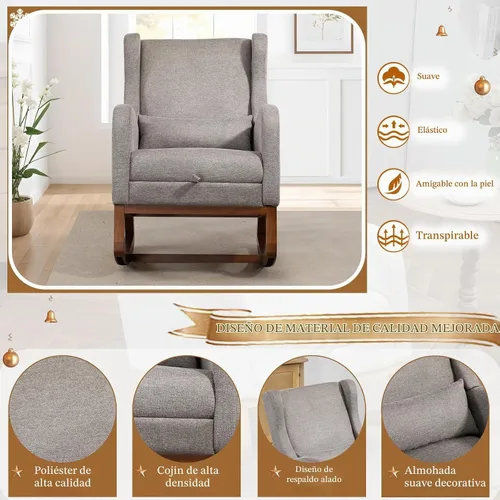 Vista 3 de Mecedora moderna para guardería, cómoda silla mecedora con reposapiés, sillón de lectura acentuado con almohada y bolsillo, mecedora tapizada