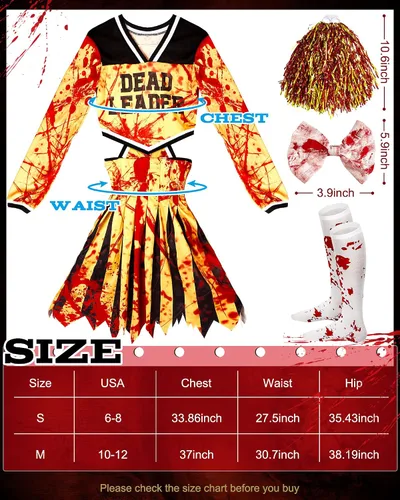 Vista 2 de Jecery El disfraz de Zombie Fearleader incluye disfraz de animadora, 2 pompones de animadora de papel metalizado, calcetines de Halloween, 1 lazo