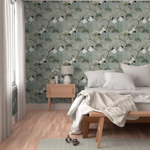 Vista 5 de Spoonflower Crane Chinoiserie - Papel tapiz extraíble para despegar y pegar Rollo de 24 x 72 pulgadas Jardines florales de pájaros y flores