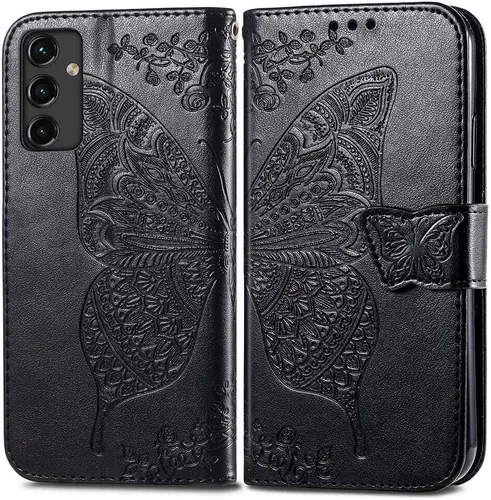 Vista 4 de Funda para teléfono Galaxy A14 5G, funda de piel sintética en relieve de mariposa con tarjeteros para tarjetas de crédito, correa de muñeca