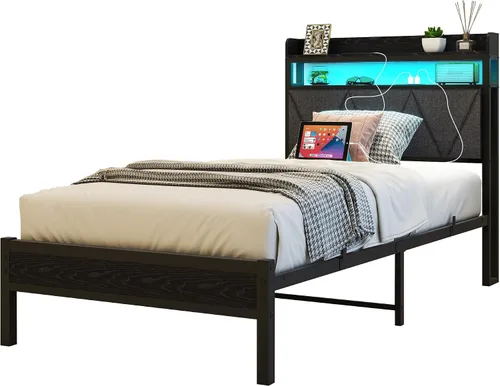 Vista 7 de Base de cama de tamaño individual con luces LED, cabecera tapizada de almacenamiento y estación de carga USB, marco de cama de metal resistente