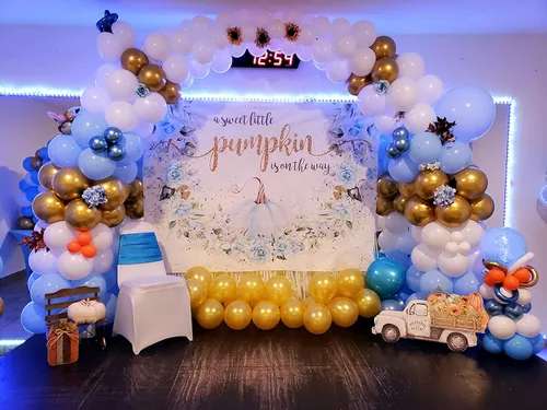 Vista 2 de Avezano Telón de fondo de calabaza azul para baby shower para niño, decoración de fiesta de otoño con texto en inglés "A Little Pumpkin Is On The