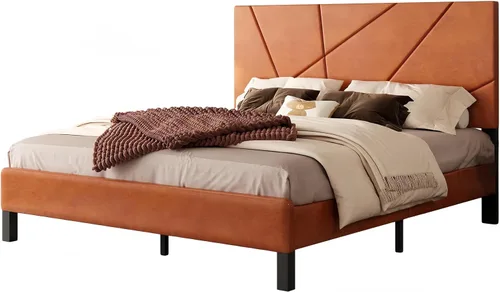 Vista 7 de Estructura de cama con plataforma tapizada de tamaño completo con cabecera acolchada de piel sintética, soporte de listones de metal resistente,