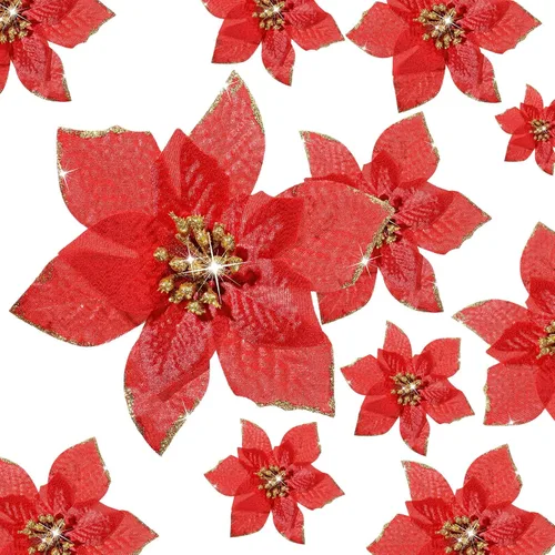Vista 10 de Crowye 36 Piezas 3 Tamaños Flores de Pascua Artificiales con Purpurina de Navidad Flores del Árbol de Navidad Flores de Pascua Artificiales Adornos
