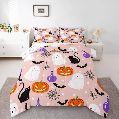 Vista 10 de Feelyou Juego de edredón de Halloween, color rosa fantasma, juego de ropa de cama tamaño individual, decoración para niños y niñas, lindo juego