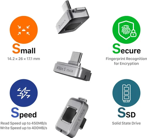 Vista 5 de ADAM elements SSD Flash Drive - iKlips S USB-C Nano Touch Fingerprint SSD de 256 GB para iPhone Serie 15/16/17