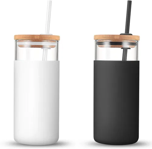 Vista 46 de Tronco Vaso de vidrio de 20 onzas con tapa y popote, taza de café helado y vaso para batido con tapas de bambú y funda protectora de silicona, apto