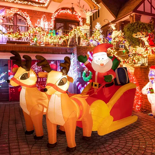 Vista 5 de Sunnyglade - Adorno inflable navideño de Papá Noel de LED de 4.5 x 7 pies para exteriores - Renos que tiran del trineo, adorno navideño de Papá Noel