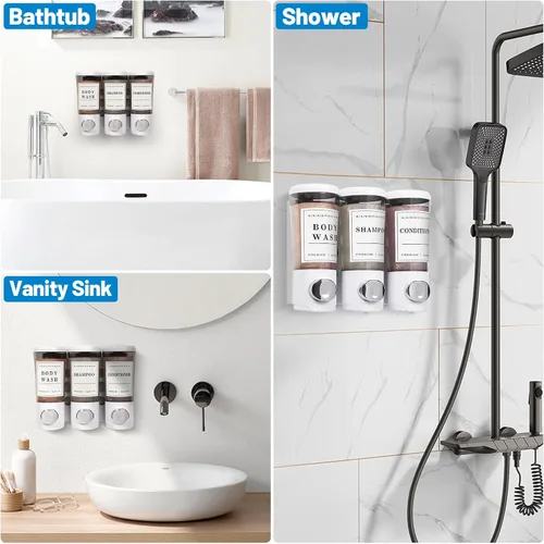 Vista 6 de Dispensador de champú y acondicionador de 15.2 fl oz x 3, dispensador de ducha de 3 cámaras sin taladro, dispensador de jabón de ducha montado