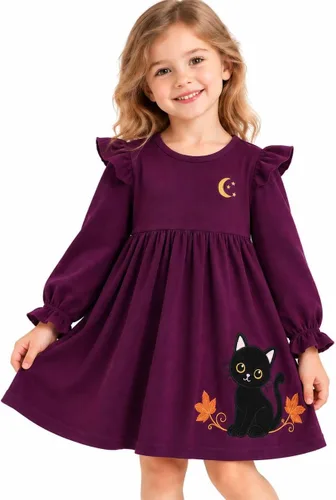 Vista 2 de HILEELANG Vestido de manga larga de algodón para niñas, vestido de otoño Gato Negro Largo