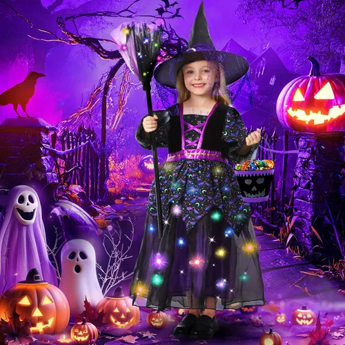 Vista 2 de VGOFUN Disfraz de bruja para niñas, disfraces de Halloween iluminados