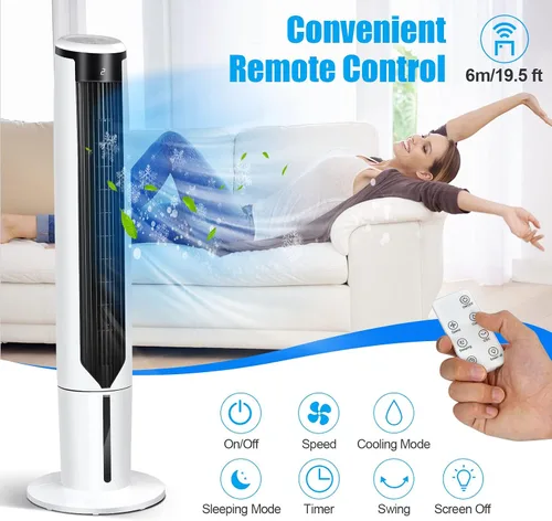 Vista 4 de GOFLAME Enfriador de aire evaporativo portátil de 41 pulgadas, ventilador de torre oscilante 3 en 1 con control remoto, 3 velocidades de viento y 3