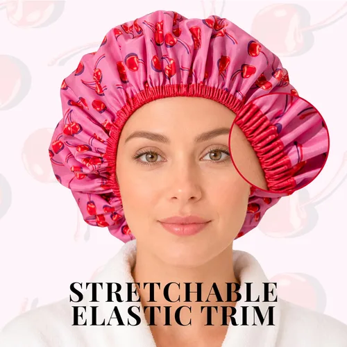 Vista 6 de Betty Dain Gorro de baño y ducha reutilizable, gorro de ducha impermeable de gran tamaño para todas las longitudes de cabello, forro de PEVA Cereza