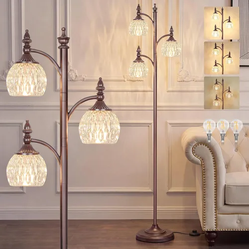 Vista 12 de JUNNAI Lámparas de pie negras para sala de estar, lámparas de pie de 66.5 pulgadas con pantalla de cristal, luces de brillo de 3 vías, lámpara