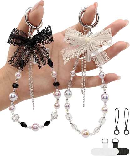 Vista 17 de Correa de muñeca para teléfono con cuentas de perlas, pulsera de teléfono desmontable con lengüeta de sujeción, pulsera universal con cuentas