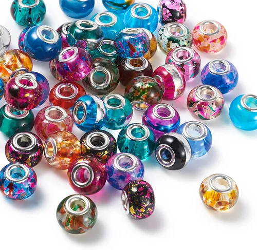 Vista 2 de Craftdady 50 cuentas espaciadoras europeas de vidrio con agujero grande de 13-15x9-0.472 in Diapositivas Cuentas Rondelle Colores mezclados al azar