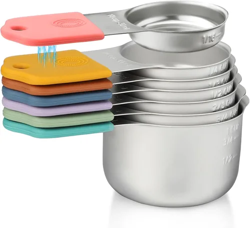 Vista 12 de Juego de 7 tazas medidoras magnéticas apilables de acero inoxidable para medir ingredientes secos y líquidos