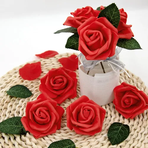 Vista 5 de AUSTOR 200 cabezas de rosas artificiales de espuma a granel, rosas artificiales rojas de 3 pulgadas, cabezas de rosas artificiales para decoración