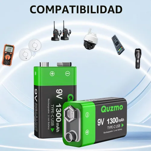 Vista 5 de Paquete de 2 baterías recargables de iones de litio de 9 voltios, 1300 mAh de larga duración, recarga USB-C con cable de carga 2 en 1 para alarmas