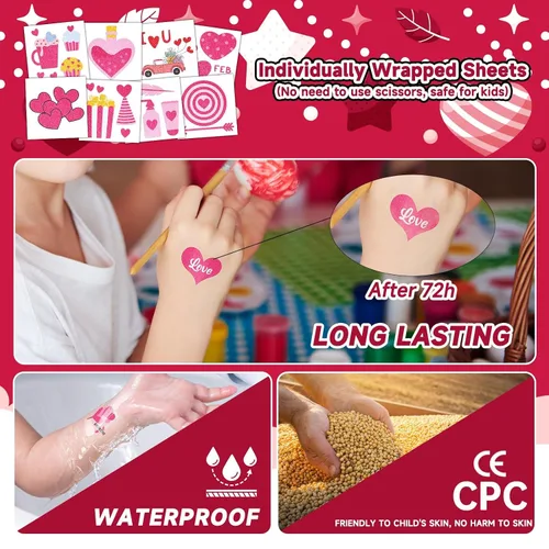 Vista 5 de EMOME 204 tatuajes con purpurina de San Valentín para niños, envueltos individualmente, tatuajes temporales para niñas, lindos tatuajes temporales