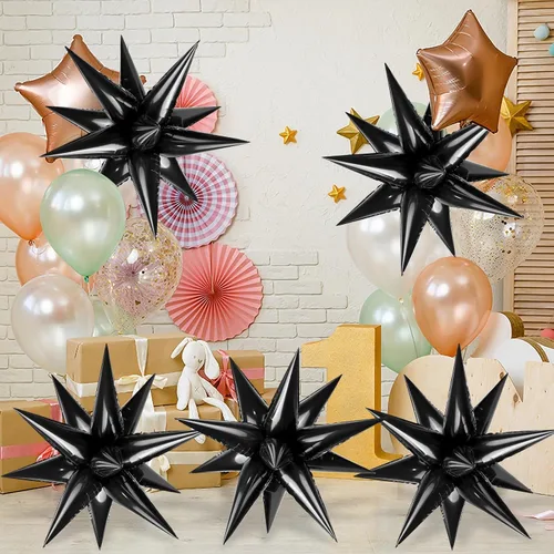 Vista 2 de 60 unidades de globos de estrella negros con explosión de 12 puntas de papel de aluminio con forma de cono mágico grande para decoración de fondo