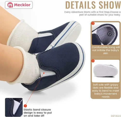 Vista 5 de Meckior - Zapatos para recién nacidos, tipo mocasines de lona con suela suave para recién nacidos, bebés, niños y niñas que estén dando sus primeros