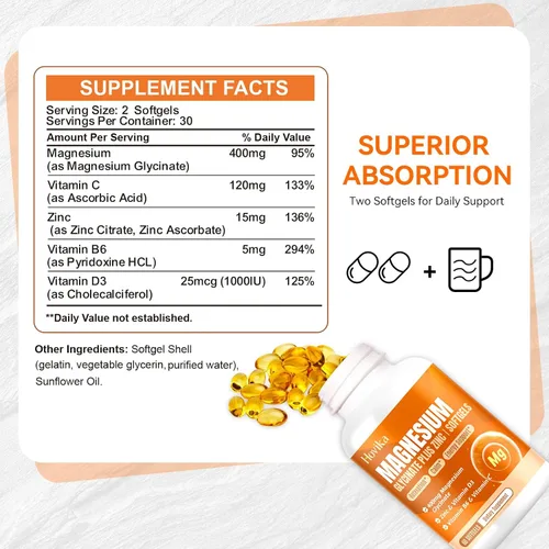 Vista 7 de Suplemento de glicinato de magnesio, glicinato de magnesio de 400 mg con zinc, vitamina B6, C, D3, magnesio puro para dormir, calma, músculo