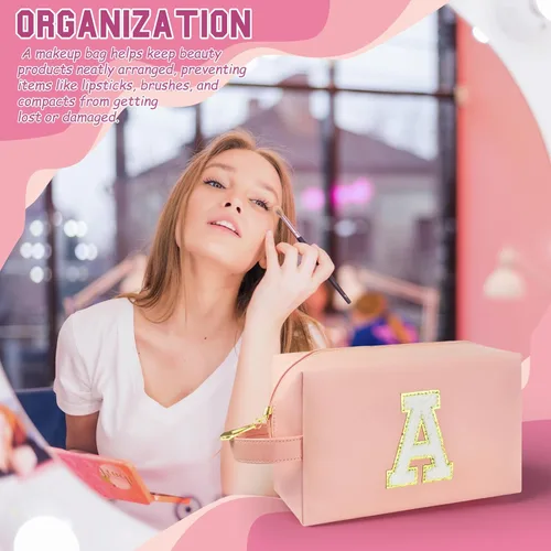 Vista 6 de Bolsa de maquillaje personalizada con inicial con asa, bolsa de cosméticos de preparación con bolsillo interior con cremallera, 8, 9, 10, 11, 12 Rosa
