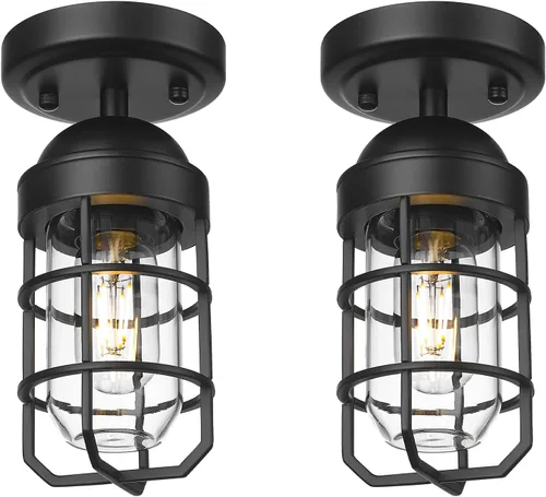 Vista 22 de Emliviar Lámpara de techo estilo granja, luz semiempotrada vintage para interior, luz de seguridad con vidrio templado transparente, acabado