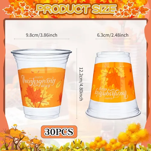 Vista 2 de Sliner Vasos de plástico desechables de Acción de Gracias, hojas de otoño y otoño, tazas de plástico transparente con patrón de hoja de arce