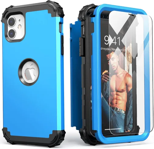 Vista 21 de IDweel Funda para iPhone 11 con Protector de Pantalla de Vidrio Templado, Híbrida 3 en 1 Resistente a Golpes Delgada de Protección Resistente