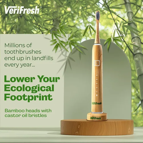 Vista 3 de Cepillo de dientes de bambú sónico VeriFresh, incluye 2 cabezales de cepillo Cabezales de bambú biodegradables, cerdas de aceite de ricino
