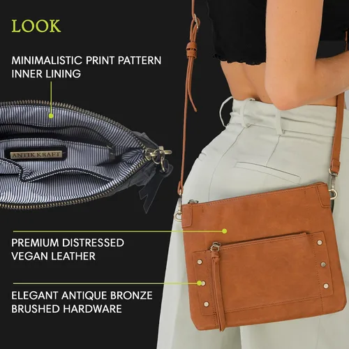 Vista 4 de Antik Kraft The Savannah Crossbody Bolso de hombro Bolso de hombro de cuero vegano con correa cruzada extraíble 11 x 1.5 x 8.5 pulgadas