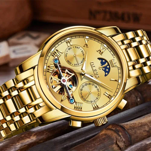 Vista 8 de OLEVS Reloj automático de lujo sin batería reloj de pulsera mecánico impermeable de acero inoxidable Tourbillon esqueleto de pulsera ajustable
