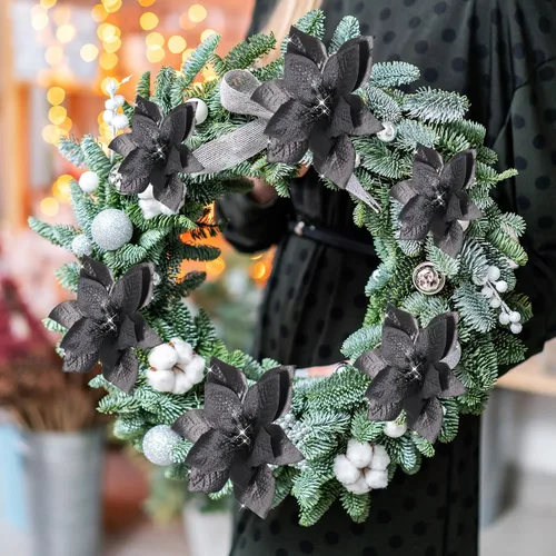 Vista 6 de Crowye 36 Piezas 3 Tamaños Flores de Pascua Artificiales con Purpurina de Navidad Flores del Árbol de Navidad Flores de Pascua Artificiales Adornos