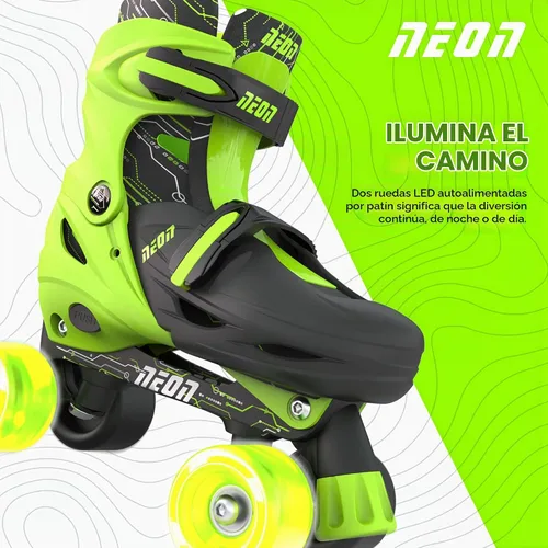 Vista 5 de Yvolution Patines combinados de neón, patines 2-1 cuádruple y en línea para niños con ruedas LED, tamaño ajustable (verde, 12-2)