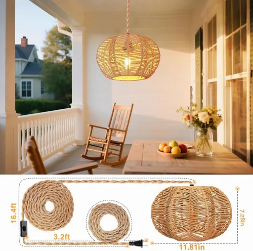 Vista 5 de Lámpara colgante con cable de enchufe con interruptor de encendido y apagado, luces colgantes de ratán, lámpara de techo bohemia, lámpara colgante
