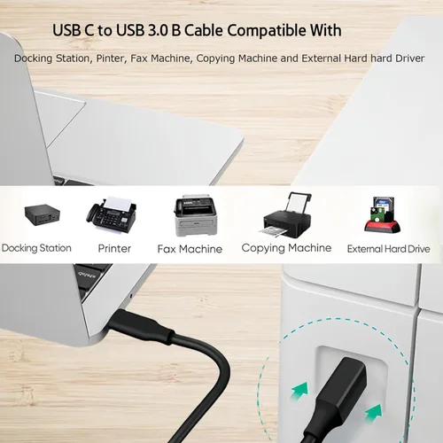 Vista 2 de Cable USB 3.0 B de 3.3 pies, cable USB C a USB-B 3.0, cable USBC a USB 3.1 tipo B, cable de impresora de alta velocidad de 5 Gbps para computadora