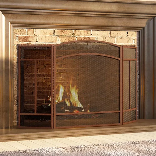 Vista 4 de Fire Beauty Pantalla para chimenea de 3 paneles de hierro forjado de 48 pulgadas de largo x 29 pulgadas de alto, cubierta de protección contra