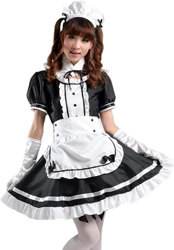 Vista 5 de GEEK LIGHTING Disfraz de anime japonés para dama Cosplay Fancy Lolita delantal diadema con calcetines guantes conjunto pequeño