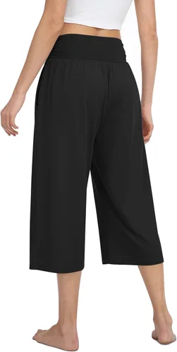 Vista 3 de TARSE Pantalones capri de cintura alta para mujer, pantalones casuales de pierna ancha, pantalones de yoga sueltos y suaves con bolsillos