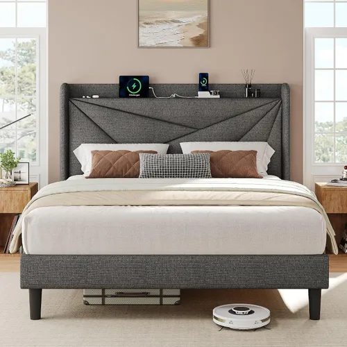 Vista 9 de iPormis Base de cama tamaño Queen con estación de carga, marco de cama de plataforma de lino con cabecera tapizada con respaldo de ala, soporte