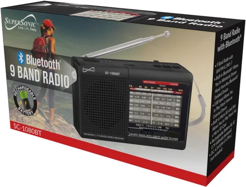 Vista 2 de Supersonic Radio SC-1080BT de 9 bandas con Bluetooth, radio estéreo portátil pequeña multibanda, entrada USB y micro SD, luz de antorcha y batería